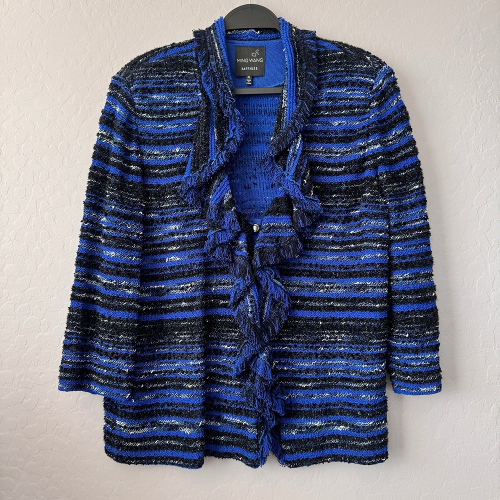 Ming Wang XL Knit Jacket Blue Black Striped Long Sleeve Ruffle Fringe Metallic